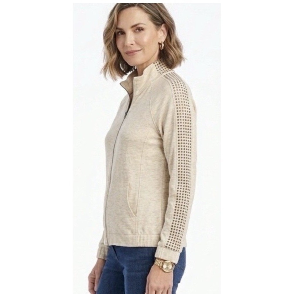 St. John Sport Women Oatmeal Heather Studded Zip Up Mock Neck Jacket Large